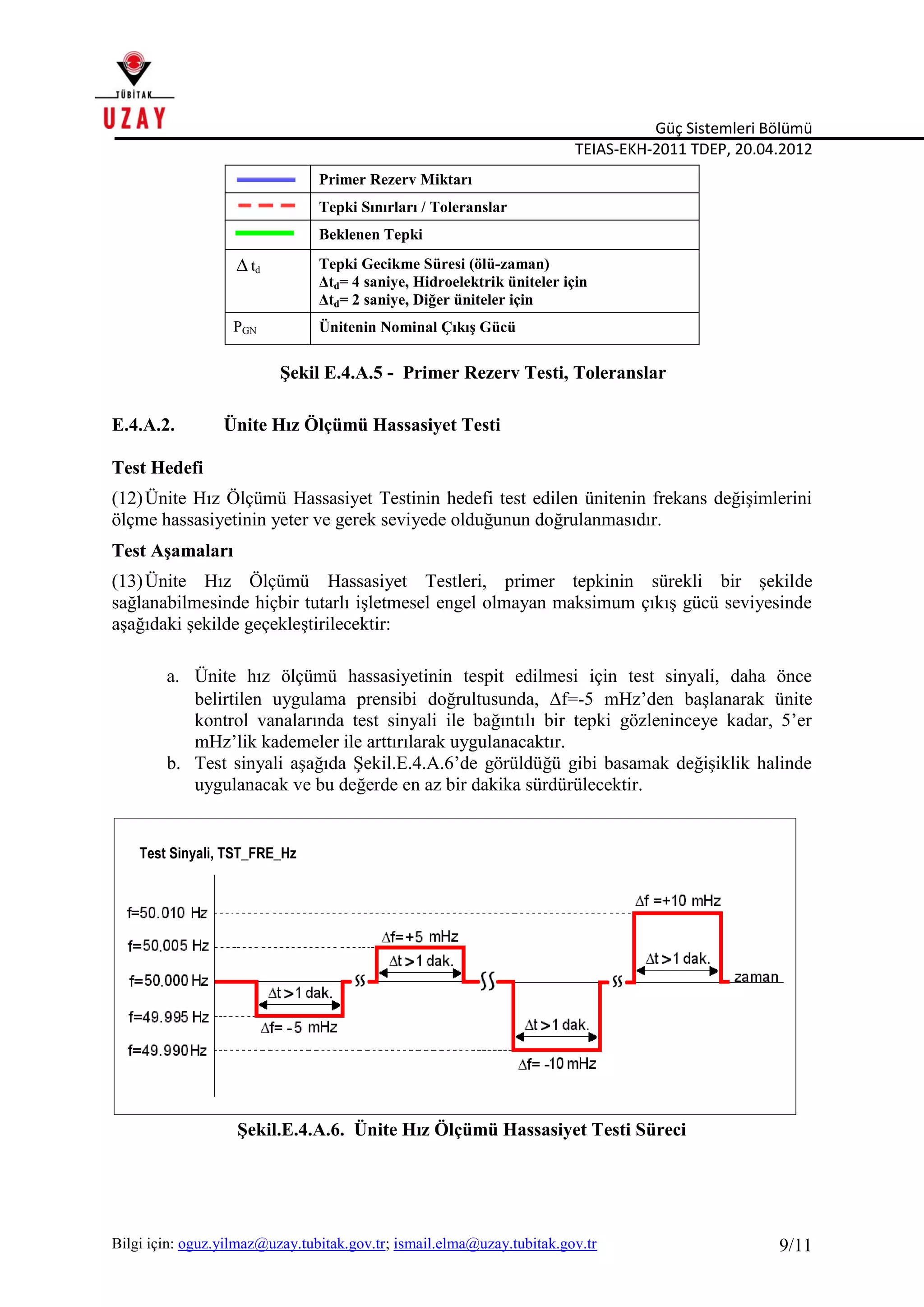 Güç Sistemleri Bölümü
TEIAS-EKH-2011 TDEP, 20.04.2012
Bilgi için: oguz.yilmaz@uzay.tubitak.gov.tr; ismail.elma@uzay.tubitak.gov.tr 9/11
Şekil E.4.A.5 - Primer Rezerv Testi, Toleranslar
E.4.A.2. Ünite Hız Ölçümü Hassasiyet Testi
Test Hedefi
(12)Ünite Hız Ölçümü Hassasiyet Testinin hedefi test edilen ünitenin frekans değişimlerini
ölçme hassasiyetinin yeter ve gerek seviyede olduğunun doğrulanmasıdır.
Test Aşamaları
(13)Ünite Hız Ölçümü Hassasiyet Testleri, primer tepkinin sürekli bir şekilde
sağlanabilmesinde hiçbir tutarlı işletmesel engel olmayan maksimum çıkış gücü seviyesinde
aşağıdaki şekilde geçekleştirilecektir:
a. Ünite hız ölçümü hassasiyetinin tespit edilmesi için test sinyali, daha önce
belirtilen uygulama prensibi doğrultusunda, f=-5 mHz’den başlanarak ünite
kontrol vanalarında test sinyali ile bağıntılı bir tepki gözleninceye kadar, 5’er
mHz’lik kademeler ile arttırılarak uygulanacaktır.
b. Test sinyali aşağıda Şekil.E.4.A.6’de görüldüğü gibi basamak değişiklik halinde
uygulanacak ve bu değerde en az bir dakika sürdürülecektir.
Şekil.E.4.A.6. Ünite Hız Ölçümü Hassasiyet Testi Süreci
Primer Rezerv Miktarı
Tepki Sınırları / Toleranslar
Beklenen Tepki
 td Tepki Gecikme Süresi (ölü-zaman)
Δtd= 4 saniye, Hidroelektrik üniteler için
Δtd= 2 saniye, Diğer üniteler için
PGN Ünitenin Nominal Çıkış Gücü
Test Sinyali, TST_FRE_Hz
 