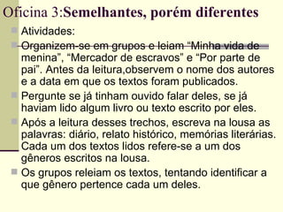 Atividades: Organizem-se em grupos e leiam “Minha vida de menina”, “Mercador de escravos” e “Por parte de pai”. Antes da leitura,observem o nome dos autores e a data em que os textos foram publicados.  Pergunte se já tinham ouvido falar deles, se já haviam lido algum livro ou texto escrito por eles. Após a leitura desses trechos, escreva na lousa as palavras: diário, relato histórico, memórias literárias. Cada um dos textos lidos refere-se a um dos gêneros escritos na lousa.  Os grupos releiam os textos, tentando identificar a que gênero pertence cada um deles. Oficina 3: Semelhantes, porém diferentes 