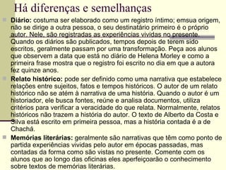Há diferenças e semelhanças Diário:  costuma ser elaborado como um registro íntimo; emsua origem, não se dirige a outra pessoa, o seu destinatário primeiro é o próprio autor. Nele, são registradas as experiências vividas no presente. Quando os diários são publicados, tempos depois de terem sido escritos, geralmente passam por uma transformação. Peça aos alunos que observem a data que está no diário de Helena Morley e como a primeira frase mostra que o registro foi escrito no dia em que a autora fez quinze anos. Relato histórico:  pode ser definido como uma narrativa que estabelece relações entre sujeitos, fatos e tempos históricos. O autor de um relato histórico não se atém à narrativa de uma história. Quando o autor é um historiador, ele busca fontes, reúne e analisa documentos, utiliza critérios para verificar a veracidade do que relata. Normalmente, relatos históricos não trazem a história do autor. O texto de Alberto da Costa e Silva está escrito em primeira pessoa, mas a história contada é a de Chachá. Memórias literárias:  geralmente são narrativas que têm como ponto de partida experiências vividas pelo autor em épocas passadas, mas contadas da forma como são vistas no presente. Comente com os alunos que ao longo das oficinas eles aperfeiçoarão o conhecimento sobre textos de memórias literárias. 