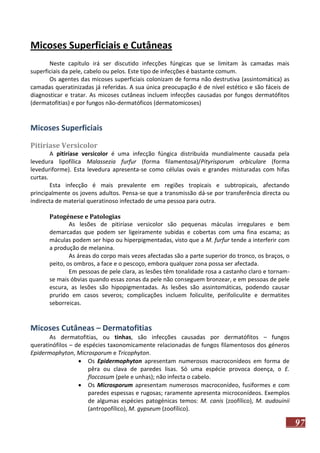 Micoses Superficiais e Cutâneas
Neste capítulo irá ser discutido infecções fúngicas que se limitam às camadas mais
superficiais da pele, cabelo ou pelos. Este tipo de infecções é bastante comum.
Os agentes das micoses superficiais colonizam de forma não destrutiva (assintomática) as
camadas queratinizadas já referidas. A sua única preocupação é de nível estético e são fáceis de
diagnosticar e tratar. As micoses cutâneas incluem infecções causadas por fungos dermatófitos
(dermatofitias) e por fungos não-dermatóficos (dermatomicoses)

Micoses Superficiais
Pitiríase Versicolor
A pitiríase versicolor é uma infecção fúngica distribuída mundialmente causada pela
levedura lipofílica Malassezia furfur (forma filamentosa)/Pityrisporum orbiculare (forma
leveduriforme). Esta levedura apresenta-se como células ovais e grandes misturadas com hifas
curtas.
Esta infecção é mais prevalente em regiões tropicais e subtropicais, afectando
principalmente os jovens adultos. Pensa-se que a transmissão dá-se por transferência directa ou
indirecta de material queratinoso infectado de uma pessoa para outra.
Patogénese e Patologias
As lesões de pitiríase versicolor são pequenas máculas irregulares e bem
demarcadas que podem ser ligeiramente subidas e cobertas com uma fina escama; as
máculas podem ser hipo ou hiperpigmentadas, visto que a M. furfur tende a interferir com
a produção de melanina.
As áreas do corpo mais vezes afectadas são a parte superior do tronco, os braços, o
peito, os ombros, a face e o pescoço, embora qualquer zona possa ser afectada.
Em pessoas de pele clara, as lesões têm tonalidade rosa a castanho claro e tornamse mais óbvias quando essas zonas da pele não conseguem bronzear, e em pessoas de pele
escura, as lesões são hipopigmentadas. As lesões são assintomáticas, podendo causar
prurido em casos severos; complicações incluem foliculite, perifoliculite e dermatites
seborreicas.

Micoses Cutâneas – Dermatofitias
As dermatofitias, ou tinhas, são infecções causadas por dermatófitos – fungos
queratinófilos – de espécies taxonomicamente relacionadas de fungos filamentosos dos géneros
Epidermophyton, Microsporum e Tricophyton.
 Os Epidermophyton apresentam numerosos macroconídeos em forma de
pêra ou clava de paredes lisas. Só uma espécie provoca doença, o E.
floccosum (pele e unhas); não infecta o cabelo.
 Os Microsporum apresentam numerosos macroconídeo, fusiformes e com
paredes espessas e rugosas; raramente apresenta microconídeos. Exemplos
de algumas espécies patogénicas temos: M. canis (zoofílico), M. audouinii
(antropofílico), M. gypseum (zoofílico).

97

 
