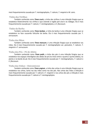 mais frequentemente causada por T. mentagrophytes, T. rubrum, T. megninii e M. canis.

Tinha das Virilhas
Também conhecida como Tinea cruris, a tinha das virilhas é uma infecção fúngica que se
estabelece bilateralmente nas virilhas e que estende à região peri-anal e às nádegas. Ela é mais
frequentemente causada por T. rubrum, T. mentagrophytes, e E. floccosum.

Tinha da Barba
Também conhecida como Tinea barbae, a tinha da barba é uma infecção fúngica que se
estabelece na face causando foliculite da barba. Ela é mais frequentemente causada por T.
verrucosum.

Tinha das Mãos
Também conhecida como Tinea manuum, é uma infecção fúngica que se estabelece nas
mãos. Ela é mais frequentemente causada por T. mentagrophytes var. granulare, T. rubrum, T.
megninii e T. verrucosum.

Tinha dos Pés – Pé de Atleta
Também conhecida como Tinea pedis, a tinha dos pés é uma infecção fúngica que se
estabelece nos espaços interdigitais dos dedos do pé (no início entre o quarto e quinto dedos), na
planta e no bordo do pé. Ela é mais frequentemente causada por T. mentagrophytes, T. rubrum e
E. floccosum.

Tinha das Unhas – Onicomicose
Também conhecida como Tinea ungium, a tinha das unhas é uma infecção fúngica que se
estabelece nas unhas, tanto nas das mãos como nas dos pés. Nas unhas das mãos a infecção é
mais frequentemente causada por T. rubrum e T. megninii e nas unhas dos pés a infecção é mais
frequentemente causada por T. rubrum e T. mentagrophytes.

99

 