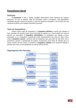 Parasitismo Geral
Definição
O parasitismo é toda a relação ecológica desenvolvida entre indivíduos de espécies
diferentes, em que se observa, além de associação íntima e duradoura, uma dependência
metabólica de grau variável do parasita, à custa do organismo hospedeiro. Ao contrário de uma
relação de simbiose, esta relação só beneficia o parasita.

Tipos de Hospedeiros
Existem quatro tipos de hospedeiros. O hospedeiro definitivo é aquele que alberga as
fases sexuadas do parasita (onde ocorre formação do zigoto) ou a forma adulta (no caso do
parasita ser assexuado). O hospedeiro intermediário é o hospedeiro que alberga as fases
assexuadas ou é o hospedeiro invertebrado (visão antropocêntrica dos ciclos de vida). Temos
ainda o hospedeiro natural, o primeiro tipo de hospedeiro que, para além de não sofrer com o
parasitismo, garante a perpetuação da espécie, funcionando como fonte de infecção para os
outros animais. Por fim, temos a considerar o hospedeiro acidental; este raramente alberga o
parasita, pois não é um elo obrigatório no ciclo de vida do mesmo.

Organograma dos Parasitas
Entamoeba
hystolitica

Amebas

Cryptosporidium

Esporozoários

Plasmodium
Toxoplasma

Protozoários

Giardia
Trichomonas

Flagelados

Trypanosoma
Leishmania

Ciliados

Balantidium

Nematelmintas

Nemátodes

Metazoários

Tremátodos

Schistosoma
Fasciola hepatica

Platelmintas
Céstodos

Ténias
Echinococcus

107

 