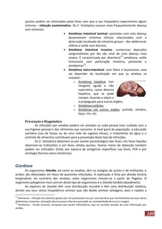 quistos podem ser eliminados pelas fezes sem que o seu hospedeiro experimente algum
sintoma – infecção assintomática. Os E. histolytica causam mais frequentemente doença
com sintomas:
 Amebiose intestinal luminal: pacientes com esta doença
desenvolvem sintomas clínicos relacionados com a
destruição localizada do intestino grosso – dor abdominal,
cãibras e colite com diarreia;
 Amebiose intestinal invasiva: numerosas dejecções
sanguinolentas por dia são sinal de uma doença mais
severa. É caracterizada por disenteria72 amebiana, colite
fulminante com perfuração intestina, peritonite e
amebomas73;
 Amebiose extra-intestinal: com febre e leucocitose, esta
vai depender da localização em que as amebas se
instalam:
o Amebiose hepática: [ver
imagem] aguda e não
supurativa, causa abcesso
hepático, que se pode
romper, levando a sépsis e
à propagação para outros órgãos;
o Amebiose cutânea;
o Amebiose em outros órgãos: pulmão, cérebro,
baço, rim, etc.
Prevenção e Diagnóstico
As infecções por amebas podem ser evitadas se cada pessoa tiver cuidado com a
sua higiene pessoal e dos alimentos que consome. A nível geral da população, a educação
sanitária (uso de fossas ou de uma rede de esgotos eficaz), o tratamento da água e o
controlo de alimentos contribuem para a prevenção deste tipo de infecções.
Os E. histolytica detectam-se por exame parasitológico das fezes: em fezes líquidas
observam-se trofozoítos e em fezes sólidas quistos. Outros meios de detecção também
podem ser utilizados: ELISA, por captura de antigénios específicos nas fezes; PCR e por
serologia (formas extra-intestinais).

Giardiose
Os organismos Giardia, tal como as amebas, têm os estágios de quisto e de trofozoíto, e
ambos são detectados em fezes de pacientes infectados. A replicação é feita por divisão binária
longitudinal. Ao contrário das amebas, estes organismos movem-se a partir de flagelos. O
organismo patogénico mais comum deste tipo de organismos é o Giardia lamblia (duodenalis).
As espécies de Giardia têm uma distribuição mundial e têm uma distribuição silvática,
devido aos seus vários hospedeiros animais que vão desde animais selvagens, aves e reptéis a
72

Disenteria - infecção do intestino grosso por um protozoário ou por uma bactéria que normalmente provoca dores
abdominais, tenesmo, ulceração das mucosas e diarreia que pode ser acompanhada de muco e sangue.
73
Ameboma - Tecido tumoral, composto por tecido inflamatório, que se constitui através de uma inflamação por
ameba.

109

 