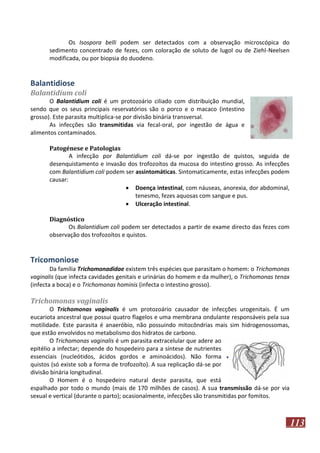 Os Isospora belli podem ser detectados com a observação microscópica do
sedimento concentrado de fezes, com coloração de soluto de lugol ou de Ziehl-Neelsen
modificada, ou por biopsia do duodeno.

Balantidiose
Balantidium coli
O Balantidium coli é um protozoário ciliado com distribuição mundial,
sendo que os seus principais reservatórios são o porco e o macaco (intestino
grosso). Este parasita multiplica-se por divisão binária transversal.
As infecções são transmitidas via fecal-oral, por ingestão de água e
alimentos contaminados.
Patogénese e Patologias
A infecção por Balantidium coli dá-se por ingestão de quistos, seguida de
desenquistamento e invasão dos trofozoítos da mucosa do intestino grosso. As infecções
com Balantidium coli podem ser assintomáticas. Sintomaticamente, estas infecções podem
causar:
 Doença intestinal, com náuseas, anorexia, dor abdominal,
tenesmo, fezes aquosas com sangue e pus.
 Ulceração intestinal.
Diagnóstico
Os Balantidium coli podem ser detectados a partir de exame directo das fezes com
observação dos trofozoítos e quistos.

Tricomoniose
Da família Trichomonadidae existem três espécies que parasitam o homem: o Trichomonas
vaginalis (que infecta cavidades genitais e urinárias do homem e da mulher), o Trichomonas tenax
(infecta a boca) e o Trichomonas hominis (infecta o intestino grosso).

Trichomonas vaginalis
O Trichomonas vaginalis é um protozoário causador de infecções urogenitais. É um
eucariota ancestral que possui quatro flagelos e uma membrana ondulante responsáveis pela sua
motilidade. Este parasita é anaeróbio, não possuindo mitocôndrias mais sim hidrogenossomas,
que estão envolvidos no metabolismo dos hidratos de carbono.
O Trichomonas vaginalis é um parasita extracelular que adere ao
epitélio a infectar; depende do hospedeiro para a síntese de nutrientes
essenciais (nucleótidos, ácidos gordos e aminoácidos). Não forma
quistos (só existe sob a forma de trofozoíto). A sua replicação dá-se por
divisão binária longitudinal.
O Homem é o hospedeiro natural deste parasita, que está
espalhado por todo o mundo (mais de 170 milhões de casos). A sua transmissão dá-se por via
sexual e vertical (durante o parto); ocasionalmente, infecções são transmitidas por fomitos.

113

 