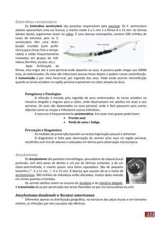 Enterobius vermicularis
Os Enterobius vermicularis são parasitas responsáveis pela oxiurose. Os E. vermicularis
adultos apresentam uma cor branca; o macho mede 2 a 5 mm e a fêmea 8 a 13 mm. As formas
adultas destes organismos vivem no cólon. É uma doença cosmopolita; existem 500 milhões de
casos de oxiurose, pois os E.
vermicularis têm uma distribuição mundial (com preferência para climas frios e temperados) e estão frequentemente
instalados em grupos de indivíduos (famílias, escolas, etc.).
Após fertilização da
fêmea, esta migra até à zona perianal onde deposita os ovos. A postura pode chegar aos 20000
ovos, já embrionados. Os ovos são infecciosos poucas horas depois e podem causar autoinfecção.
A transmissão é por meio fecal-oral, por ingestão dos ovos. Pode ainda ocorrer retroinfecção
quando as larvas eclodem na região perianal e penetram no cólon através do ânus.
Patogénese e Patologias
A infecção é iniciada pela ingestão de ovos embrionados. As larvas eclodem no
intestino delgado e migram para o cólon, onde desenvolvem em adultos em duas e seis
semanas. Os ovos são depositados na zona perianal, onde é fácil passarem para outros
objectos como as roupas e infectarem outros indivíduos.
A oxiurose é frequentemente assintomática. Em casos mais graves pode haver:
 Prurido anal;
 Perda de sono e fadiga.
Prevenção e Diagnóstico
As medidas de prevenção baseiam-se na boa higienação pessoal e alimentar.
O diagnóstico é feito pela observação de vermes e/ou ovos na região perianal,
recolhidos com tira de adesivo e colocados em lâmina para observação microscópica.

Ancylostoma
Os Ancylostoma são parasitas hematófagos, possuidores de cápsula bucal
profunda, com dois pares de dentes e um par de lâminas cortantes, e de cor
róseo-avermelhada; o macho possui uma bolsa copuladora. São de pequeno
tamanho (♂: 5 a 11 cm; ♀: 9 a 13 cm). À doença que causam dá-se o nome de
ancilostomose. 900 milhões de indivíduos estão afectados, muitos deles vivendo
em climas quentes e húmidos.
Os vermes adultos vivem na mucosa do duodeno e do intestino delgado.
A transmissão dá-se por penetração das larvas filarióides ou por via transcutânea ou oral.

Ancylostoma duodenale e Necator americanus
Diferentes apenas na distribuição geográfica, na estrutura das peças bucais e em tamanho
relativo, as infecções por eles causadas são idênticas.

123

 