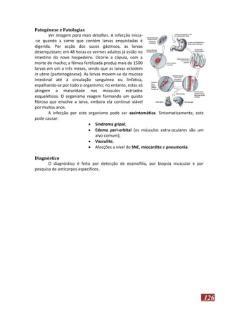 Patogénese e Patologias
Ver imagem para mais detalhes. A infecção inicia-se quando a carne que contém larvas enquistadas é
digerida. Por acção dos sucos gástricos, as larvas
desenquistam; em 48 horas os vermes adultos já estão no
intestino do novo hospedeiro. Ocorre a cópula, com a
morte do macho; a fêmea fertilizada produz mais de 1500
larvas em um a três meses, sendo que as larvas eclodem
in utero (partenogénese). As larvas movem-se da mucosa
intestinal até à circulação sanguínea ou linfática,
espalhando-se por todo o organismo; no entanto, estas só
atingem a maturidade nos músculos estriados
esqueléticos. O organismo reagem formando um quisto
fibroso que envolve a larva, embora ela continue viável
por muitos anos.
A infecção por este organismo pode ser assintomática. Sintomaticamente, este
pode causar:
 Sindroma gripal;
 Edema peri-orbital (os músculos extra-oculares são um
alvo comum);
 Vasculite;
 Afecções a nível do SNC, miocardite e pneumonia.
Diagnóstico
O diagnóstico é feito por detecção de eosinofilia, por biopsia muscular e por
pesquisa de anticorpos específicos.

126

 