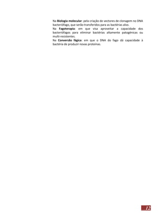 Na Biologia molecular: pela criação de vectores de clonagem no DNA
bacteriófago, que serão transferidos para as bactérias alvo.
Na Fagoterapia: em que visa aproveitar a capacidade dos
bacteriófagos para eliminar bactérias altamente patogénicas ou
multi-resistentes.
Na Conversão fágica: em que o DNA do fago dá capacidade à
bactéria de produzir novas proteínas.

12

 