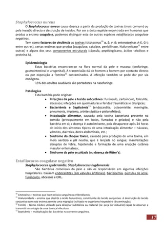 Staphylococcus aureus
O Staphylococcus aureus causa doença a partir da produção de toxinas (mais comum) ou
pela invasão directa e destruição de tecidos. Por ser a única espécie encontrada em humanos que
produz a enzima coagulase, podemos distinguir esta de outras espécies estafilococos coagulase
negativas.
Tem como factores de virulência as toxinas (citotoxinas10 α, β, γ, δ; enterotoxinas A-E, G-I;
entre outras), certas enzimas que produz (coagulase, catalase, penicilinase, hialuronidase11 entre
outras) e alguns dos seus componentes estruturais (cápsula, peptidoglicano, ácidos teicóicos e
proteína A).
Epidemiologia
Estas bactérias encontram-se na flora normal da pele e mucosa (orofaringe,
gastrointestinal e urogenital). A transmissão dá de homem a homem por contacto directo
ou por exposição a fomitos12 contaminados. A infecção também se pode dar por via
endógena.
15% dos adultos saudáveis são portadores na nasofaringe.
Patologias
Esta bactéria pode originar:
 Infecções da pele e tecido subcutâneo: furúnculo, carbúnculo, foliculite,
abcessos; infecções em queimaduras e feridas traumáticas e cirúrgicas;
 Bacteriémia e Septicémia13 (endocardite, osteomielite, meningite,
pneumonia, impiema, artrite séptica e pielonefrites);
 Intoxicação alimentar, causada pela toxina bacteriana presente na
comida (principalmente em bolos, fumados e gelados) e não pela
bactéria em si; a doença é autolimitante, pois desaparece após 24 horas
do início dos sintomas típicos de uma intoxicação alimentar – náuseas,
vómitos, diarreias, dores abdominais, etc.;
 Síndrome do choque tóxico, causado pela produção de uma toxina, em
meio aeróbio e pH neutro, que é lançada no sangue; manifestações
abruptas de febre, hipotensão e formação de uma erupção cutânea
macular eritematosa;
 Síndrome da pele escaldada (ou doença de Ritter’s).

Estafilococos coagulase negativo
Staphylococcus epidermidis, Staphylococcus lugdunensis
São bactérias comensais da pele e são os responsáveis em algumas infecções
hospitalares. Causam endocardites (em válvulas artificiais), bacteriémia, pústulas de acne,
furúnculos, abcessos e ORL.

10

Citotoxinas – toxinas que lisam células sanguíneas e fibroblastos.
Hialuronidade – enzima que destrói o ácido hialurónico, constituinte do tecido conjuntivo. A destruição do tecido
conjuntivo com esta enzima permite uma migração facilitada no organismo hospedeiro (disseminação).
12
Fomito – termo médico utilizado para designar substância ou material (ex: peça do vestuário) capaz de absorver e
transmitir o contágio de uma doença infecciosa.
13
Septicémia – multiplicação das bactérias na corrente sanguínea.
11

17

 