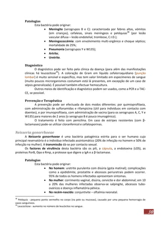 Patologias
Esta bactéria pode originar:
 Meningite (serogrupos B e C): caracterizada por febres altas, vómitos
(em crianças), cefaleias, sinais meníngeos e petéquias38 (por lesão
vascular difusa – lesão endotelial, trombose, C.I.D.);
 Meningococcémia: com envolvimento multi-orgânico e choque séptico;
mortalidade de 25%;
 Pneumonia (serogrupos Y e W135);
 Artrite;
 Uretrite.
Diagnóstico
O diagnóstico pode ser feito pela clínica da doença (para além das manifestações
clínicas há leucocitose39). A coloração de Gram em líquido cefalorraquidiano (punção
lombar) é muito sensível e específico, mas tem valor limitado em especímenes de sangue
(muito poucos microrganismos costumam está lá presentes, em excepção de um caso de
sépsis generalizada). É possível também efectuar hemocultura.
Outros meios de identificação e diagnóstico podem ser usados, como a PCR e a TACCE, se possível.
Prevenção e Terapêutica
A prevenção pode ser efectuada de dois modos diferentes: por quimioprofilaxia,
com administração de sulfonamidas e rifampicina (útil para indivíduos em contacto com
doentes), e por imunoprofilaxia, com administração de vacina (para os serogrupos A, C, Y e
W135) para maiores de 2 anos (o serogrupo B é pouco imunogénico).
O tratamento é feito com penicilina. Em caso de estripes resistentes (com βlactamases) pode-se utilizar cloranfenicol e cefalosporinas.

Neisseria gonorrhoeae
A Neisseria gonorrhoeae é uma bactéria patogénica estrita para o ser humano cujo
principal reservatório é o indivíduo infectado assintomático (20% de infecção no homem e 50% de
infecção na mulher). A transmissão dá-se por contacto sexual.
Os factores de virulência desta bactéria são os pili, a cápsula, a endotoxina (LOS), as
proteínas PorB, Opa e Rmp, a protease que digere a IgA e a β-lactamase.
Patologias
Esta bactéria pode originar:
 No homem: uretrite purulenta com disúria (gota matinal); complicações
como a epididimite, prostatite e abcessos periuretrais podem ocorrer.
95% de todos os homens infectados apresentam sintomas.
 Na mulher: corrimento vaginal, disúria, cervicite e dor abdominal; em 10
a 20% das mulheres infectadas observa-se salpingite, abcessos tuboováricos e doença inflamatória pélvica.
 No recém-nascido: conjuntivite – oftalmia neonatal.
38

Petéquia - pequeno ponto vermelho no corpo (na pele ou mucosas), causado por uma pequena hemorragia de
vasos sanguíneos.
39
Leucocitose - aumento no número de leucócitos no sangue.

30

 