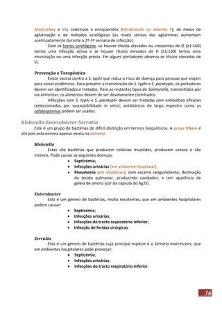 MacConkey e SS), selectivos e enriquecidos (tetrationato ou selenito F); de meios de
aglutinação e de métodos serológicos (os níveis séricos das aglutininas aumentam
acentuadamente durante a 2ª-3ª semana de infecção).
Com os testes serológicos, se houver títulos elevados ou crescentes de O (≥1:160)
temos uma infecção activa e se houver títulos elevados de H (≥1:160) temos uma
imunização ou uma infecção prévia. Em alguns portadores observa-se títulos elevados de
Vi.
Prevenção e Terapêutica
Existe vacina contra a S. typhi que reduz o risco de doença para pessoas que viajam
para zonas endémicas. Para prevenir a transmissão de S. typhi e S. paratyphi, os portadores
devem ser identificados e tratados. Para os restantes tipos de Salmonella, transmitidos por
via alimentar, os alimentos devem de ser devidamente cozinhados.
Infecções com S. typhi e S. paratyphi devem ser tratadas com antibiótico eficazes
(seleccionados por susceptibilidade in vitro); antibióticos de largo espectro como as
cefalosporinas podem ser usados.

Klebsiella-Enterobacter-Serratia
Este é um grupo de bactérias de difícil distinção em termos bioquímicos. A prova DNase é
útil pois esta enzima apenas exista na Serratia.
Klebsiella
Estas são bactérias que produzem colónias mucóides, produzem urease e são
imóveis. Pode causar as seguintes doenças:
 Septicémia;
 Infecções urinárias (em ambiente hospitalar);
 Pneumonia (em alcoólicos), com escarro sanguinolento; destruição
do tecido pulmonar, produzindo cavidades; e tem aparência de
geleia de amora (cor da cápsula do Ag O).
Enterobacter
Esta é um género de bactérias, muito resistentes, que em ambientes hospitalares
podem causar:
 Septicémia;
 Infecções urinárias;
 Infecções do tracto respiratório inferior;
 Infecção de feridas cirúrgicas.
Serratia
Esta é um género de bactérias cuja principal espécie é a Serratia marcescens, que
em ambientes hospitalares pode provocar:
 Septicémia;
 Infecções urinárias;
 Infecções do tracto respiratório inferior.

36

 