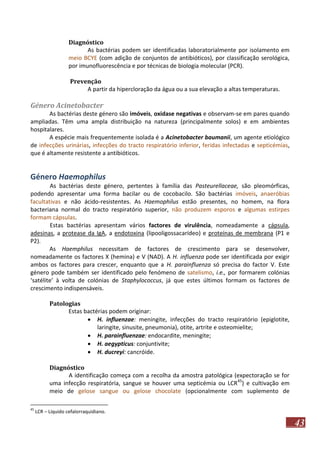 Diagnóstico
As bactérias podem ser identificadas laboratorialmente por isolamento em
meio BCYE (com adição de conjuntos de antibióticos), por classificação serológica,
por imunofluorescência e por técnicas de biologia molecular (PCR).
Prevenção
A partir da hipercloração da água ou a sua elevação a altas temperaturas.

Género Acinetobacter
As bactérias deste género são imóveis, oxidase negativas e observam-se em pares quando
ampliadas. Têm uma ampla distribuição na natureza (principalmente solos) e em ambientes
hospitalares.
A espécie mais frequentemente isolada é a Acinetobacter baumanii, um agente etiológico
de infecções urinárias, infecções do tracto respiratório inferior, feridas infectadas e septicémias,
que é altamente resistente a antibióticos.

Género Haemophilus
As bactérias deste género, pertentes à família das Pasteurellaceae, são pleomórficas,
podendo apresentar uma forma bacilar ou de cocobacilo. São bactérias imóveis, anaeróbias
facultativas e não ácido-resistentes. As Haemophilus estão presentes, no homem, na flora
bacteriana normal do tracto respiratório superior, não produzem esporos e algumas estirpes
formam cápsulas.
Estas bactérias apresentam vários factores de virulência, nomeadamente a cápsula,
adesinas, a protease da IgA, a endotoxina (lipooligossacarídeo) e proteínas de membrana (P1 e
P2).
As Haemphilus necessitam de factores de crescimento para se desenvolver,
nomeadamente os factores X (hemina) e V (NAD). A H. influenza pode ser identificada por exigir
ambos os factores para crescer, enquanto que a H. parainfluenza só precisa do factor V. Este
género pode também ser identificado pelo fenómeno de satelismo, i.e., por formarem colónias
‘satélite’ à volta de colónias de Staphylococcus, já que estes últimos formam os factores de
crescimento indispensáveis.
Patologias
Estas bactérias podem originar:
 H. influenzae: meningite, infecções do tracto respiratório (epiglotite,
laringite, sinusite, pneumonia), otite, artrite e osteomielite;
 H. parainfluenzae: endocardite, meningite;
 H. aegypticus: conjuntivite;
 H. ducreyi: cancróide.
Diagnóstico
A identificação começa com a recolha da amostra patológica (expectoração se for
uma infecção respiratória, sangue se houver uma septicémia ou LCR45) e cultivação em
meio de gelose sangue ou gelose chocolate (opcionalmente com suplemento de
45

LCR – Líquido cefalorraquidiano.

43

 