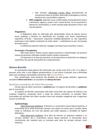 

o Fase terciária: inflamação crónica difusa (envolvimento de
virtualmente todos os tecidos), destruição multiorgânica, arterite,
demência (ex: neurossífilis) e cegueira.
Sífilis congénita, podendo causar malformações (nomeadamente ósseas
e dentárias), cegueira, surdez e até a morte do feto. Se ao nascimento a
doença for assintomática, o recém-nascido pode apresentar rinite e rash
maculo-papular.

Diagnóstico
O diagnóstico pode ser efectuado pela apresentação clínica da doença (cancro
duro), podendo a bactéria ser identificada por serologia com testes treponémicos
específicos (FTA-abs – fluorescent treponema antibody-absorption) ou não específicos
(anticorpos contra lípidos resultantes de lesão celular – cardiolipinas) ou por microscopia
de fundo escuro.
A colheita de material é feita por raspagem com bisturi para escarificar a úlcera.
Prevenção e Terapêutica
Não existe vacina. Práticas sexuais seguras previnem a contaminação. Os parceiros
sexuais de pacientes infectados também devem receber tratamento.
O tratamento é na base de penicilina, ou de tetraciclina ou doxiciclina em alérgicos
à penicilina. No caso de neurossífilis só é usada penicilina.

Género Borrelia
As espiroquetas deste género têm dimensões que variam entre 0,25 a 0,5 × 8 a 30μm e
possuem entre sete a vinte flagelos periplasmáticos. A sua cultura é possível, mas é dificultada
pelas suas complexas necessidades nutricionais. São microaerofílicos.
Para simplificação, estas bactérias são divididas em dois grupos distintos: organismos
causadores febre recorrente e os causadores da doença de Lyme.

Bactérias causadoras de Febre Recorrente
Há dois tipos de febre recorrente: a endémica (por 15 espécies de Borrelia) e a epidémica
(por B. recurrentis).
As espécies de Borrelia responsáveis pela febre recorrente são capazes de efectuar uma
mudança antigénica, escapando assim à acção do sistema imunitário; os períodos febris
intercalados por períodos sem febre resultam assim das variações antigénicas que o organismo
invasor vai sofrendo.
Epidemiologia
Febre Recorrente Epidémica: O Homem é o reservatório natural destas bactérias. A
transmissão dá-se então de pessoa a pessoa, mas requer um vector que é o piolho. Deste
modo os indivíduos em risco são aqueles que estão expostos a condições de higiene
deficitárias.
Febre Recorrente Endémica: Para além do Homem, os pequenos roedores e as
carraças também são o reservatório natural destas bactérias. A transmissão dá-se
normalmente dos roedores para os humanos pelo meio de carraças (actuam como
vectores).

48

 