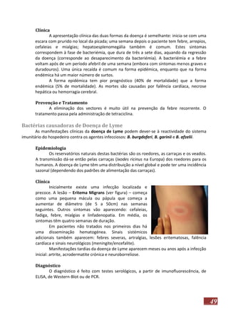 Clínica
A apresentação clínica das duas formas da doença é semelhante: inicia-se com uma
escara com prurido no local da picada; uma semana depois o paciente tem febre, arrepios,
cefaleias e mialgias; hepatoesplenomegália também é comum. Estes sintomas
correspondem à fase de bacteriémia, que dura de três a sete dias, aquando da regressão
da doença (corresponde ao desaparecimento da bacteriémia). A bacteriémia e a febre
voltam após de um período afebril de uma semana (embora com sintomas menos graves e
duradouros). Uma única recaída é comum na forma epidémica, enquanto que na forma
endémica há um maior número de surtos.
A forma epidémica tem pior prognóstico (40% de mortalidade) que a forma
endémica (5% de mortalidade). As mortes são causadas por falência cardíaca, necrose
hepática ou hemorragia cerebral.
Prevenção e Tratamento
A eliminação dos vectores é muito útil na prevenção da febre recorrente. O
tratamento passa pela administração de tetraciclina.

Bactérias causadoras de Doença de Lyme
As manifestações clínicas da doença de Lyme podem dever-se à reactividade do sistema
imunitário do hospedeiro contra os agentes infecciosos: B. burgdoferi, B. garinii e B. afzelii.
Epidemiologia
Os reservatórios naturais destas bactérias são os roedores, as carraças e os veados.
A transmissão dá-se então pelas carraças (Ixodes ricinus na Europa) dos roedores para os
humanos. A doença de Lyme têm uma distribuição a nível global e pode ter uma incidência
sazonal (dependendo dos padrões de alimentação das carraças).
Clínica
Inicialmente existe uma infecção localizada e
precoce. A lesão – Eritema Migrans (ver figura) – começa
como uma pequena mácula ou pápula que começa a
aumentar de diâmetro (de 5 a 50cm) nas semanas
seguintes. Outros sintomas vão aparecendo: cefaleias,
fadiga, febre, mialgias e linfadenopatia. Em média, os
sintomas têm quatro semanas de duração.
Em pacientes não tratados nos primeiros dias há
uma disseminação hematogénea. Sinais sistémicos
adicionais também aparecem: febres severas, artralgias, lesões eritematosas, falência
cardíaca e sinais neurológicos (meningite/encefalite).
Manifestações tardias da doença de Lyme aparecem meses ou anos após a infecção
inicial: artrite, acrodermatite crónica e neuroborreliose.
Diagnóstico
O diagnóstico é feito com testes serológicos, a partir de imunofluorescência, de
ELISA, de Western-Blot ou de PCR.

49

 