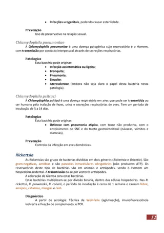 

Infecções urogenitais, podendo causar esterilidade.

Prevenção
Uso de preservativo na relação sexual.

Chlamydophila pneumoniae
A Chlamydophila pneumoniae é uma doença patogénica cujo reservatório é o Homem,
com transmissão por contacto interpessoal através de secreções respiratórias.
Patologias
Esta bactéria pode originar:
 Infecção assintomática ou ligeira;
 Bronquite;
 Pneumonia;
 Sinusite:
 Aterosclerose (embora não seja claro o papel desta bactéria nesta
patologia).

Chlamydophila psittaci
A Chlamydophila psittaci é uma doença respiratória em aves que pode ser transmitida ao
ser humano pela inalação de fezes, urina e secreções respiratórias de aves. Tem um período de
incubação de 5 a 14 dias.
Patologias
Esta bactéria pode originar:
 Ortinose com pneumonia atípica, com tosse não produtiva, com o
envolvimento do SNC e do tracto gastrointestinal (náuseas, vómitos e
diarreias).
Prevenção
Controlo da infecção em aves domésticas.

Rickettsia
As Rickettsias são grupo de bactérias divididas em dois géneros (Rickettsia e Orientia). São
gram-negativas, aeróbias e são parasitas intracelulares obrigatórios (não produzem ATP). Os
reservatórios deste tipo de bactérias são em animais e artrópodes, sendo o Homem um
hospedeiro acidental. A transmissão dá-se por vectores artrópodes.
A coloração de Giemsa cora estas bactérias.
Estas bactérias multiplicam-se por divisão binária, dentro das células hospedeiras. Nas R.
rickettsii, R. prowazekii, R. conorii, o período de incubação é cerca de 1 semana e causam febre,
arrepios, cefaleias, mialgias e rash.
Diagnóstico
A partir de serologia: Técnica de Weil-Felix (aglutinação), imunofluorescência
indirecta e fixação do complemento; e PCR.

52

 