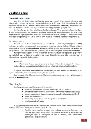 Virologia Geral
Características Gerais
Um vírus (do latim virus, significando toxina ou veneno) é um agente infeccioso submicroscópico incapaz de crescer ou reproduzir-se fora de uma célula hospedeira. As suas
dimensões variam de 25 a 300 nm, sendo constituídos por proteínas – cápside – envolvendo uma
molécula de ácido nucleico; podem possuir um invólucro lipídico com glicoproteínas.
Os vírus são agentes filtráveis, isto é, não são retidos por filtros que retêm bactérias. Como
já dito implicitamente, são parasitas celulares obrigatórios, pois dependem de uma célula
hospedeira que seja responsável pelas suas actividades metabólicas (energia e constituintes moleculares). O seu genoma pode ser de RNA ou DNA, mas não de ambos. Não replicam por divisão.

Estrutura vírica
Um virião, ou partícula vírica completa, é constituído por material genético (DNA ou RNA),
enzimas e proteínas não estruturais envolvidas por proteínas estruturais (cápside); ao conjunto
anterior dá-se o nome de nucleocápside (vírus sem invólucro). Se a nucleocápside é envolvida por
glicoproteínas e uma membrana lipídica, estamos então na presença de um vírus com invólucro.
Na superfície da cápside os vírus apresentam proteínas antigénicas específicas (peplómeros
ou espículas) que se ligam a receptores da célula hospedeira e que são essenciais para a
infecciosidade e especificidade do vírus.
Invólucro
Membrana lipídica que envolve a partícula vírica. Ele é adquirido durante a
maturação por gemulação através da membrana celular da antiga célula hospedeira.
A cápside pode variar estruturalmente. Por exemplo, no vírus do mosaico do tabaco, a sua
cápside é helicoidal, mas num adenovírus ela já é icosaédrica.
Se a partícula vírica é funcionalmente deficiente em algum aspecto da sua replicação, dá-se
o nome de vírus defectivo.

Classificação
Os vírus podem ser classificados por diferenças de:
 estrutura: variações de tamanho, morfologia e ácido nucleico;
 características bioquímicas: variações da estrutura e modo de replicação;
 doença: dependente da doença que provocam (ex: vírus das encefalites);
 modo de transmissão;
 célula hospedeira: célula animal, vegetal ou bacteriana;
 tecido ou órgão afectado.
O agrupamento dos vírus está estabelecido, tal como os outros seres, no Sistema Universal
de Taxonomia. Deste modo, os vírus estão agrupados em:
 Famílias (nome + sufixo –viridae): onde estão agrupadas populações de vírus
com características em comum (morfologia, estrutura e estratégias de
replicação) que os distinguem de outras famílias, com similaridades
genómicas e origem comum;

59

 