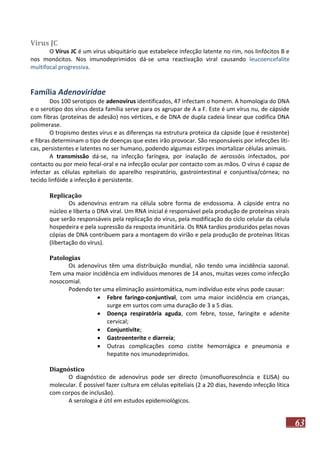Vírus JC
O Vírus JC é um vírus ubiquitário que estabelece infecção latente no rim, nos linfócitos B e
nos monócitos. Nos imunodeprimidos dá-se uma reactivação viral causando leucoencefalite
multifocal progressiva.

Família Adenoviridae
Dos 100 serotipos de adenovírus identificados, 47 infectam o homem. A homologia do DNA
e o serotipo dos vírus desta família serve para os agrupar de A a F. Este é um vírus nu, de cápside
com fibras (proteínas de adesão) nos vértices, e de DNA de dupla cadeia linear que codifica DNA
polimerase.
O tropismo destes vírus e as diferenças na estrutura proteica da cápside (que é resistente)
e fibras determinam o tipo de doenças que estes irão provocar. São responsáveis por infecções líticas, persistentes e latentes no ser humano, podendo algumas estirpes imortalizar células animais.
A transmissão dá-se, na infecção faríngea, por inalação de aerossóis infectados, por
contacto ou por meio fecal-oral e na infecção ocular por contacto com as mãos. O vírus é capaz de
infectar as células epiteliais do aparelho respiratório, gastrointestinal e conjuntiva/córnea; no
tecido linfóide a infecção é persistente.
Replicação
Os adenovírus entram na célula sobre forma de endossoma. A cápside entra no
núcleo e liberta o DNA viral. Um RNA inicial é responsável pela produção de proteínas virais
que serão responsáveis pela replicação do vírus, pela modificação do ciclo celular da célula
hospedeira e pela supressão da resposta imunitária. Os RNA tardios produzidos pelas novas
cópias de DNA contribuem para a montagem do virião e pela produção de proteínas líticas
(libertação do vírus).
Patologias
Os adenovírus têm uma distribuição mundial, não tendo uma incidência sazonal.
Tem uma maior incidência em indivíduos menores de 14 anos, muitas vezes como infecção
nosocomial.
Podendo ter uma eliminação assintomática, num indivíduo este vírus pode causar:
 Febre faringo-conjuntival, com uma maior incidência em crianças,
surge em surtos com uma duração de 3 a 5 dias.
 Doença respiratória aguda, com febre, tosse, faringite e adenite
cervical;
 Conjuntivite;
 Gastroenterite e diarreia;
 Outras complicações como cistite hemorrágica e pneumonia e
hepatite nos imunodeprimidos.
Diagnóstico
O diagnóstico de adenovírus pode ser directo (imunofluorescência e ELISA) ou
molecular. É possível fazer cultura em células epiteliais (2 a 20 dias, havendo infecção lítica
com corpos de inclusão).
A serologia é útil em estudos epidemiológicos.

63

 