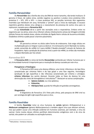 Família Parvoviridae
Os Parvoviridae são a família dos vírus de DNA de menor tamanho, não tendo invólucro. O
genoma é linear, de cadeia única, sentido negativo ou positivo e produz cinco proteínas (três
proteínas E – VP1, VP2 e VP3 – e duas proteínas NE); as porções terminais têm segmentos
invertidos que hibridizam em ansa, formando o “primer” para o início da replicação. O escasso
repertório genético destes vírus obriga-os a necessitarem da presença de outros vírus para se
replicarem, excepto para o Parvovirus B19.
A sua transmissão dá-se a partir das secreções orais e respiratórias. Embora entre no
organismo por via aérea, estes vírus infectam células mitoticamente activas da linhagem eritróide
(células frescas da medula óssea, células eritróides do fígado fetal e células de leucemia eritróide).
Estabelece virémia e pode passar a barreira placentária.
Replicação
Os parvovírus entram na célula sobre forma de endossoma. Este exige células em
multiplicação para se integrar e para as destruir. O cromossoma viral é libertado no núcleo,
sendo convertido de ssDNA (+/-) para dsDNA (“double-stranded”) através de factores do
hospedeiro. Após a produção de proteínas virais a partir do mRNA, os viriões são montados
e depois libertados por lise celular.

Parvovírus B19
O Parvovírus B19 é o único da família Parvoviridae conhecido por infectar humanos por si
só. A imunidade humoral é importante para a resolução da doença causada por este vírus.
Patogénese e Patologias
O Parvovírus B19 causa uma doença difásica: uma inicial, infecciosa e do tipo lítica,
caracterizada por sintomas febris e do tipo gripal e uma fase seguinte, imunológica
(produção de IgG específica) e não infecciosa caracterizada por eritema e artralgias:
eritema infeccioso (ou quinta doença). Durante todas as fases da doença há uma
diminuição dos níveis de hemoglobina e reticulócitos56. Destacam-se outras complicações:
 Aplasia medular, ou crise aplástica;
 Poliartrite;
 Hidrópsia fetal, quando há infecção em grávidas seronegativas.
Diagnóstico
O diagnóstico de Parvovírus 19 é feito pela clínica, pela pesquisa de DNA viral ou
por serologia de IgM e IgG específicos para o vírus.

Família Poxviridae
A família Poxviridae inclui os vírus humanos da varíola (género Orthopoxvirus) e o
Molluscum contagiosum (género Molluscipoxvirus) e também alguns vírus que afectam animais,
mas que podem causar uma infecção acidental em humanos (zoonose, por exemplo, o vírus da
vacina). Como muitos desses últimos partilham determinantes antigénicos com o do vírus da
varíola, eles podem ser utilizados na vacinação humana.

56

Reticulócitos – hemácias imaturas.

64

 