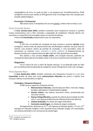 citopatogénico do vírus, ou pode-se fazer a sua pesquisa por imunofluorescência, ELISA
(antigénios virais) ou por sondas ou PCR (genoma viral). A serologia não é útil, excepto para
estudos epidemiológicos.
Prevenção e Tratamento
Não existe vacina. A terapêutica faz-se com aciclovir, embora não se atinja a cura.

Vírus Varicela-Zoster
O vírus varicela-zoster (VZV), também conhecido como Herpesvírus humano 3, partilha
muitas características com o HSV, incluindo a capacidade de estabelecer infecção latente nos
neurónios e a importância da imunidade celular no controlo da doença.
A forma de transmissão predominante é por via respiratória.
Patologias
O VZV tem um período de incubação de duas semanas e provoca varicela muito
contagiosa, mesmo antes do aparecimento das manifestações cutâneas. Há duas fases de
virémia: uma primária, dentro do período de incubação, e uma secundária, antes de
começaram os sintomas: febre, exantema e lesões cutâneas. O desaparecimento da
doença coincide com o aparecimento de IgM e IgG anti-VZV, garantindo imunidade.
Nos adultos o vírus provoca herpes zóster, uma erupção vesicular, podendo ser
resultado de depressão da imunidade celular e de outros mecanismos de activação viral.
Diagnóstico
Faz-se cultura de vírus a partir de líquido vesicular. A sua detecção pode ser feita
por imunofluorescência (detecção de antigénios virais), PCR (genoma viral) e por serologia.

Vírus Epstein-Barr
O vírus Epstein-Barr (EBV), também conhecido com Herpesvírus humano 4, é um vírus
transmitido através da saliva que causa mononucleose infecciosa nos jovens e adultos (nas
crianças a doença é assintomática ou ligeira).
Patologias e Resposta Humoral
O EBV causa as seguintes síndromes clínicas:
 Mononucleose infecciosa, caracterizada por febre, mal-estar, fadiga,
faringite, adenopatias e hepatoesplenomegália;
 Doença crónica, uma doença recorrente cíclica, caracterizada por
mal-estar crónico;
 Doença linfoproliferativa, quando há carência de imunidade de linfócitos T, com doença proliferativa de linfócitos B (local de latência);
 Linfoma de Burkitt, em células de origem linfocitária;
 Carcinoma nasofaríngeo, em células de origem endotelial;
Serologicamente, detectam-se VCA58-IgM (apenas na infecção aguda), VCA-IgG, EA59
(excepto em infecções antigas) e EBNA (quando houve infecções antigas, em reactivações,
em linfomas de Burkitt e em carcinomas da nasofaringe).
58
59

VCA – Antigénio da cápside viral
EA – Antigénio precoce

69

 