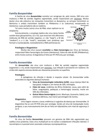 Família Bunyaviridae
A família de vírus Bunyaviridae constitui um serogrupo de, pelo menos, 200 vírus com
invólucro e RNA de sentido negativo segmentado, sendo responsáveis por zoonoses. Muitos
destes vírus são arbovírus (os mosquitos transmitem os Bunyavirus, as carraças transmitem os
Nairovirus e ambos transmitem também os Phlebovirus e os Uukuvirus), exceptuando os
Hantavirus, cujos portadores são os roedores.
Tal como muitos outros vírus de RNA, estes replicam-se no
citoplasma.
Estruturalmente, o envelope lipídico dos vírus desta família
contém duas glicoproteínas, G1 e G2, que encerram três diferentes
moléculas de RNA de sentido negativo, a L (de “large”), a M (de
“medium") e a S (de “small”), associadas com proteínas que
formam a nucleocápside, nomeadamente a RNA polimerase (L).
Patologias e Diagnóstico
Muitos dos vírus causam encefalite ou febre hemorrágica (ex: Vírus de Hantaan,
responsável febre hemorrágica da Coreia [Hantavirus], Febre do vale do Rift [Phlebovirus],
entre muitos outros). O diagnóstico é feito por RT-PCR e/ou por serologia.

Família Arenaviridae
Os Arenaviridae são vírus com invólucro e RNA de sentido negativo segmentado
(segmentos L e S), sendo responsáveis por zoonoses, cuja infecção é persistente em roedores. Os
viriões têm aspecto arenoso devido aos ribossomas presentes na superfície.
Patologias
A patogénese da infecção é devida à resposta celular. Os Arenaviridae estão
associados às seguintes doenças humanas:
 Vírus da Coreomeningite Linfocitária (LCM), causa doença febril do
tipo gripal, mialgias e, em menos de 10%, meningite;
 Febre de Lassa, endémica da África Ocidental, causa, para além de
febre, coagulopatia, petéquias e hemorragias viscerais; morte em
50% dos infectados;
 Outras febres hemorrágicas (Junin, Machupo, Guanarito, Sabia), com
sintomas idênticos, mas menor percentagem de mortes;
Diagnóstico
Uma viagem recente a zonas endémicas é sugestiva de doença por Arenaviridae. O
diagnóstico faz-se com RT-PCR e/ou por serologia. Sendo um vírus de manipulação muito
perigosa, o seu manuseamento tem de ser feito em laboratórios com nível de segurança 3
ou 4.

Família Bornaviridae
Os vírus da família Bornaviridae possuem um genoma de RNA não segmentado que
codifica cinco proteínas. Estes vírus multiplicam-se no núcleo e estabelecem infecções latentes. É
neurotrópico e é possível estar associado a doenças neuropsiquiátricas.

79

 