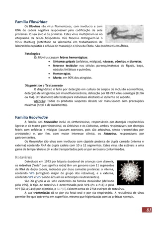 Família Filoviridae
Os filovírus são vírus filamentosos, com invólucro e com
RNA de cadeia negativa responsável pela codificação de sete
proteínas. O seu alvo é os primatas. Estes vírus multiplicam-se no
citoplasma da célula hospedeira. Dos filovírus distinguem-se o
Vírus Marburg (detectado na Alemanha em trabalhadores de
laboratório expostos a células de macaco) e o Vírus da Ébola. São endémicos em África.
Patologias
Os filovírus causam febres hemorrágicas:
 Sintomas gripais (cefaleias, mialgias), náuseas, vómitos, e diarreias;
 Necrose tecidular nas células parenquimatosas do fígado, baço,
nódulos linfáticos e pulmões;
 Hemorragias;
 Morte, em 90% dos atingidos.
Diagnóstico e Tratamento
O diagnóstico é feito por detecção em cultura de corpos de inclusão eosinofílicos,
detecção de antigénios por imunofluorescência, detecção por RT-PCR e/ou serologia (ELISA
ou RIA). O tratamento oferecido para indivíduos afectados é somente de suporte.
Atenção: Todos os produtos suspeitos devem ser manuseados com precauções
máximas (nível 4 de isolamento).

Família Reoviridae
A família dos Reoviridae inclui os Orthoreovirus, responsáveis por doenças respiratórias
ligeiras e do tracto gastrointestinal, os Orbivirus e os Coltivirus, ambos responsáveis por doenças
febris com cefaleias e mialgias (causam zoonoses, pois são arbovírus, sendo transmitidos por
artrópodes) e, por fim, com maior interesse clínico, os Rotavirus, responsáveis por
gastroenterites.
Os Reoviridae são vírus sem invólucro com cápside proteica de dupla camada (interna e
externa) contendo RNA de dupla cadeia com 10 a 12 segmentos. Estes vírus são estáveis a uma
gama de temperatura e pH e são transportados pelo ar por aerossóis contaminados.

Rotavírus
Detectado em 1973 por biopsia duodenal de crianças com diarreia,
os rotavírus (“rota” que significa roda) têm um genoma com 11 segmentos
de RNA de dupla cadeia, rodeados por duas camadas proteicas: a interna,
contendo VP6 (antigénio major do grupo dos rotavírus), e a externa,
contendo VP4 e VP7 (onde actuam os anticorpos neutralizantes).
São do grupo A os sete existentes da família Reoviridae (definido
pelo VP6). O tipo de rotavírus é determinado pelo VP4 (P1 a P14) e pelo
VP7 (G1 a G14); por exemplo, o G1P[8]. Existem cerca de 2748 estirpes de rotavírus.
A sua transmissão dá-se por via fecal-oral e por via respiratória. A resistência do vírus
permite-lhe que sobreviva em superfície, mesmo que higienizadas com as práticas normais.

81

 