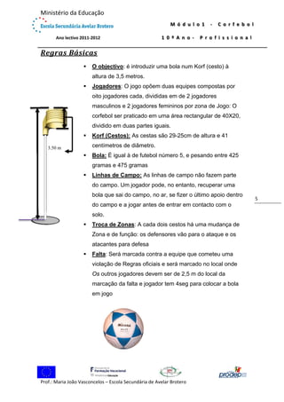  

Ministério da Educação 
 

M ó d u l o 1   ‐   C o r f e b o l  

             Ano lectivo 2011‐2012 

1 0 º A n o ‐   P r o f i s s i o n a l

 

Regras	Básicas	


O objectivo: é introduzir uma bola num Korf (cesto) à
altura de 3,5 metros.



Jogadores: O jogo opõem duas equipes compostas por
oito jogadores cada, divididas em de 2 jogadores
masculinos e 2 jogadores femininos por zona de Jogo: O
corfebol ser praticado em uma área rectangular de 40X20,
dividido em duas partes iguais.

 



Korf (Cestos): As cestas são 29-25cm de altura e 41
centímetros de diâmetro.

3.50 m



Bola: É igual à de futebol número 5, e pesando entre 425
gramas e 475 gramas



Linhas de Campo: As linhas de campo não fazem parte
do campo. Um jogador pode, no entanto, recuperar uma
bola que sai do campo, no ar, se fizer o último apoio dentro
do campo e a jogar antes de entrar em contacto com o
solo.



Troca de Zonas: A cada dois cestos há uma mudança de
Zona e de função: os defensores vão para o ataque e os
atacantes para defesa



Falta: Será marcada contra a equipe que cometeu uma
violação de Regras oficiais e será marcado no local onde
Os outros jogadores devem ser de 2,5 m do local da
marcação da falta e jogador tem 4seg para colocar a bola
em jogo

 
Prof.: Maria João Vasconcelos – Escola Secundária de Avelar Brotero 

5 

 