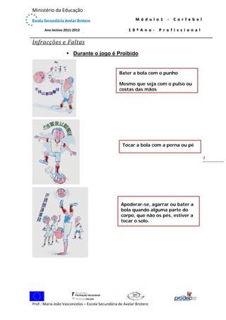  

Ministério da Educação 
 

M ó d u l o 1   ‐   C o r f e b o l  

             Ano lectivo 2011‐2012 

1 0 º A n o ‐   P r o f i s s i o n a l

 

Infracções	e	Faltas	
 Durante o jogo é Proibido

Bater a bola com o punho
Mesmo que seja com o pulso ou
costas das mãos

 

Tocar a bola com a perna ou pé
7 

Apoderar-se, agarrar ou bater a
bola quando alguma parte do
corpo, que não os pés, estiver a
tocar o solo.

 
Prof.: Maria João Vasconcelos – Escola Secundária de Avelar Brotero 

 