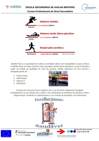 ESCOLA SECUNDÁRIA DE AVELAR BROTERO
Cursos Profissionais de Nível Secundário
Maria João Vasconcelos
Página 23 de 49
Aptidão física é a capacidade de realizar as atividades diárias com tranquilidade e pouco esforço.
A aptidão física tem duas vertentes, uma associada à performance desportiva e outra associada à
saúde no sentido da qualidade de vida das pessoas. Ambas dependem de uma correta e
adequada gestão do:
 Esforço Físico;
 Alimentação;
 Repouso e
 Hidratação.
A prática de exercícios físicos regulares tem o seu benefício amplamente divulgado,
principalmente na sua relação com a saúde, com a diminuição da incidência das doenças crónico-
degenerativas, incluindo as cardiovasculares e no controlo da obesidade e da subnutrição
 