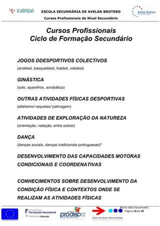 ESCOLA SECUNDÁRIA DE AVELAR BROTERO
Cursos Profissionais de Nível Secundário
Maria João Vasconcelos
Página 14 de 49
Cursos Profissionais
Ciclo de Formação Secundário
JOGOS DDESPORTIVOS COLECTIVOS
(andebol, basquetebol, futebol, voleibol)
GINÁSTICA
(solo, aparelhos, acrobática)
OUTRAS ATIVIDADES FÍSICAS DESPORTIVAS
(atletismo/ raquetas/ patinagem)
ATIVIDADES DE EXPLORAÇÃO DA NATUREZA
(orientação, natação, entre outras)
DANÇA
(danças sociais, danças tradicionais portuguesas)*
DESENVOLVIMENTO DAS CAPACIDADES MOTORAS
CONDICIONAIS E COORDENATIVAS
CONHECIMENTOS SOBRE DESENVOLVIMENTO DA
CONDIÇÃO FÍSICA E CONTEXTOS ONDE SE
REALIZAM AS ATIVIDADES FÍSICAS
 
