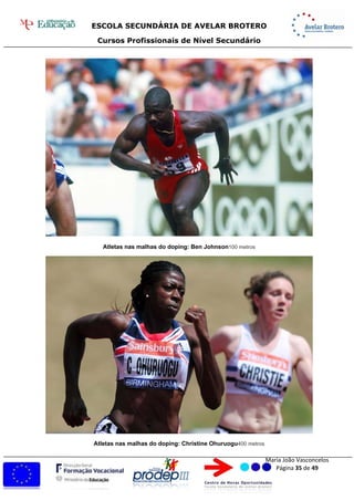 ESCOLA SECUNDÁRIA DE AVELAR BROTERO
Cursos Profissionais de Nível Secundário
Maria João Vasconcelos
Página 35 de 49
Atletas nas malhas do doping: Ben Johnson100 metros
Atletas nas malhas do doping: Christine Ohuruogu400 metros
 