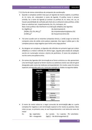 FACULDADE DE FARMÁCIA DA UNIVERSIDADE DE LISBOA 2010-2011
49
7.3.2.Escrita de nomes sistemáticos de compostos de coordenaç...