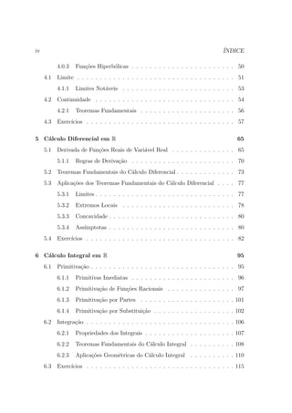 iv                                                                                ´
                                                                                  INDICE

           4.0.3   Fun¸˜es Hiperb´licas . . . . . . . . . . . . . . . . . . . . . . . 50
                      co         o
     4.1   Limite . . . . . . . . . . . . . . . . . . . . . . . . . . . . . . . . . . . 51
           4.1.1   Limites Not´veis . . . . . . . . . . . . . . . . . . . . . . . . . 53
                              a
     4.2   Continuidade . . . . . . . . . . . . . . . . . . . . . . . . . . . . . . . 54
           4.2.1   Teoremas Fundamentais . . . . . . . . . . . . . . . . . . . . . 56
     4.3   Exerc´
                ıcios . . . . . . . . . . . . . . . . . . . . . . . . . . . . . . . . . 57

5 C´lculo Diferencial em R
   a                                                                                    65
     5.1   Derivada de Fun¸˜es Reais de Vari´vel Real . . . . . . . . . . . . . . 65
                          co                a
           5.1.1   Regras de Deriva¸˜o . . . . . . . . . . . . . . . . . . . . . . . 70
                                   ca
     5.2   Teoremas Fundamentais do C´lculo Diferencial . . . . . . . . . . . . . 73
                                     a
     5.3   Aplica¸oes dos Teoremas Fundamentais do C´lculo Diferencial . . . . 77
                 c˜                                 a
           5.3.1   Limites . . . . . . . . . . . . . . . . . . . . . . . . . . . . . . . 77
           5.3.2   Extremos Locais . . . . . . . . . . . . . . . . . . . . . . . . . 78
           5.3.3   Concavidade . . . . . . . . . . . . . . . . . . . . . . . . . . . . 80
           5.3.4   Ass´
                      ımptotas . . . . . . . . . . . . . . . . . . . . . . . . . . . . 80
     5.4   Exerc´
                ıcios . . . . . . . . . . . . . . . . . . . . . . . . . . . . . . . . . 82

6 C´lculo Integral em R
   a                                                                                    95
     6.1   Primitiva¸˜o . . . . . . . . . . . . . . . . . . . . . . . . . . . . . . . . 95
                    ca
           6.1.1   Primitivas Imediatas . . . . . . . . . . . . . . . . . . . . . . . 96
           6.1.2   Primitiva¸ao de Fun¸oes Racionais . . . . . . . . . . . . . . . 97
                            c˜        c˜
           6.1.3   Primitiva¸ao por Partes . . . . . . . . . . . . . . . . . . . . . 101
                            c˜
           6.1.4   Primitiva¸ao por Substitui¸ao . . . . . . . . . . . . . . . . . . 102
                            c˜               c˜
     6.2   Integra¸˜o . . . . . . . . . . . . . . . . . . . . . . . . . . . . . . . . . 106
                  ca
           6.2.1   Propriedades dos Integrais . . . . . . . . . . . . . . . . . . . . 107
           6.2.2   Teoremas Fundamentais do C´lculo Integral . . . . . . . . . . 108
                                             a
           6.2.3   Aplica¸oes Geom´tricas do C´lculo Integral . . . . . . . . . . 110
                         c˜       e           a
     6.3   Exerc´
                ıcios . . . . . . . . . . . . . . . . . . . . . . . . . . . . . . . . . 115
 