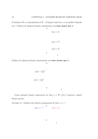 44                     CAP´           ¸˜                ´
                          ITULO 4. FUNCOES REAIS DE VARIAVEL REAL

O dom´ ´ R e o contradom´ ´ R+ . A fun¸ao ´ injectiva, e o seu gr´ﬁco depende
     ınio e             ınio e        c˜ e                       a
de a. Gr´ﬁcos de algumas fun¸oes exponenciais com base maior que 1:
        a                   c˜
                                      y
                                                h(x) = 4x



                                                g(x) = 3x


                                                f (x) = 2x

                                           1
                                                         x

Gr´ﬁcos de algumas fun¸oes exponenciais com base menor que 1:
  a                   c˜
                                      y



                                     1 x
                           g(x) =    9




                                    1 x
                         f (x) =    3




                                           1–
                                                             x

     Como qualquer fun¸ao exponencial de base a ∈ R+ {1} ´ injectiva, admite
                      c˜                                  e
fun¸˜o inversa.
   ca

Exemplo 4.1. Gr´ﬁcos das fun¸oes exponenciais de base e e e−1 :
               a            c˜
                                     y
                         g(x) = e−x          f (x) = ex




                                           1–
                                                     x
 