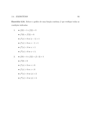 5.4. EXERC´
          ICIOS                                                            93

Exerc´
     ıcio 5.51. Esboce o gr´ﬁco de uma fun¸˜o cont´
                           a              ca      ınua f que veriﬁque todas as
condi¸˜es indicadas:
     co

  1.    • f (0) = 1 e f (2) = 3

        • f (0) = f (2) = 0

        • f (x) < 0 se |x − 1| > 1

        • f (x) > 0 se x − 1 > 1

        • f (x) < 0 se x > 1

        • f (x) > 0 se x < 1.

  2.    • f (0) = 4 e f (2) = f (−2) = 1

        • f (0) = 0

        • f (x) < 0 se x > 0

        • f (x) > 0 se x < 0

        • f (x) < 0 se |x| < 2

        • f (x) > 0 se |x| < 2.
 