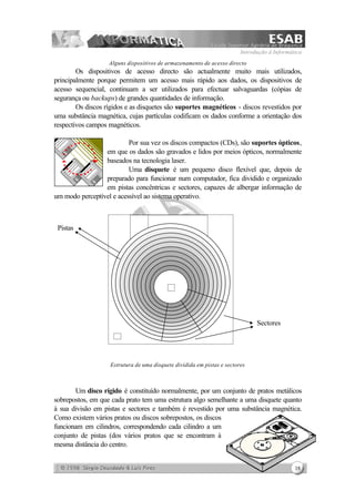 Introdução à Informática
18
Alguns dispositivos de armazenamento de acesso directo
Os dispositivos de acesso directo são actualmente muito mais utilizados,
principalmente porque permitem um acesso mais rápido aos dados, os dispositivos de
acesso sequencial, continuam a ser utilizados para efectuar salvaguardas (cópias de
segurança ou backups) de grandes quantidades de informação.
Os discos rígidos e as disquetes são suportes magnéticos - discos revestidos por
uma substância magnética, cujas partículas codificam os dados conforme a orientação dos
respectivos campos magnéticos.
Por sua vez os discos compactos (CDs), são suportes ópticos,
em que os dados são gravados e lidos por meios ópticos, normalmente
baseados na tecnologia laser.
Uma disquete é um pequeno disco flexível que, depois de
preparado para funcionar num computador, fica dividido e organizado
em pistas concêntricas e sectores, capazes de albergar informação de
um modo perceptível e acessível ao sistema operativo.
Estrutura de uma disquete dividida em pistas e sectores
Um disco rígido é constituído normalmente, por um conjunto de pratos metálicos
sobrepostos, em que cada prato tem uma estrutura algo semelhante a uma disquete quanto
à sua divisão em pistas e sectores e também é revestido por uma substância magnética.
Como existem vários pratos ou discos sobrepostos, os discos
funcionam em cilindros, correspondendo cada cilindro a um
conjunto de pistas (dos vários pratos que se encontram à
mesma distância do centro.
Pistas
Sectores
 
