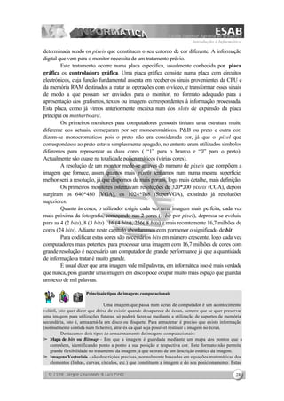 Introdução à Informática
24
determinada sendo os pixeis que constituem o seu entorno de cor diferente. A informação
digital que vem para o monitor necessita de um tratamento prévio.
Este tratamento ocorre numa placa específica, usualmente conhecida por placa
gráfica ou controladora gráfica. Uma placa gráfica consiste numa placa com circuitos
electrónicos, cuja função fundamental assenta em receber os sinais provenientes da CPU e
da memória RAM destinados a tratar as operações com o vídeo, e transformar esses sinais
de modo a que possam ser enviados para o monitor, no formato adequado para a
apresentação dos grafismos, textos ou imagens correspondentes à informação processada.
Esta placa, como já vimos anteriormente encaixa num dos slots de expansão da placa
principal ou motherboard.
Os primeiros monitores para computadores pessoais tinham uma estrutura muito
diferente dos actuais, começaram por ser monocromáticos, P&B ou preto e outra cor,
dizem-se monocromáticos pois o preto não era considerada cor, já que o pixel que
correspondesse ao preto estava simplesmente apagado, no entanto eram utilizados símbolos
diferentes para representar as duas cores ( “1” para o branco e “0” para o preto).
Actualmente são quase na totalidade policromáticos (várias cores).
A resolução de um monitor mede-se através do numero de pixeis que compõem a
imagem que fornece, assim quantos mais pixeis tenhamos num numa mesma superfície,
melhor será a resolução, já que dispomos de mais pontos, logo mais detalhe, mais definição.
Os primeiros monitores ostentavam resoluções de 320*200 pixeis (CGA), depois
surgiram os 640*480 (VGA), os 1024*768 (SuperVGA), existindo já resoluções
superiores.
Quanto às cores, o utilizador exigiu cada vez uma imagem mais perfeita, cada vez
mais próxima da fotografia, começando nas 2 cores (1 bit por pixel), depressa se evoluiu
para as 4 (2 bits), 8 (3 bits) , 16 (4 bits), 256( 8 bits) e mais recentemente 16,7 milhões de
cores (24 bits). Adiante neste capítulo abordaremos com pormenor o significado de bit.
Para codificar estas cores são necessários bits em número crescente, logo cada vez
computadores mais potentes, para processar uma imagem com 16,7 milhões de cores com
grande resolução é necessário um computador de grande performance já que a quantidade
de informação a tratar é muito grande.
É usual dizer que uma imagem vale mil palavras, em informática isso é mais verdade
que nunca, pois guardar uma imagem em disco pode ocupar muito mais espaço que guardar
um texto de mil palavras.
Principais tipos de imagens computacionais
Uma imagem que passa num écran de computador é um acontecimento
volátil, isto quer dizer que deixa de existir quando desaparece do écran, sempre que se quer preservar
uma imagem para utilizações futuras, só poderá fazer-se mediante a utilização de suportes de memória
secundária, isto é, armazená-la em disco ou disquete. Para armazenar é preciso que exista informação
(normalmente contida num ficheiro), através da qual seja possível restituir a imagem no écran.
Destacamos dois tipos de armazenamento de imagens computacionais:
â Mapa de bits ou Bitmap - Em que a imagem é guardada mediante um mapa dos pontos que a
compõem, identificando ponto a ponto a sua posição e respectiva cor. Este formato não permite
grande flexibilidade no tratamento da imagem já que se trata de um descrição estática da imagem.
â Imagens Vectoriais - são descrições precisas, normalmente baseadas em equações matemáticas dos
elementos (linhas, curvas, círculos, etc.) que constituem a imagem e do seu posicionamento. Estas
 