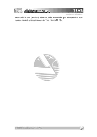 Introdução à Informática
26
necessidade de fios (Wireless), sendo os dados transmitidos por infravermelhos, num
processo parecido ao dos comandos das TVs, vídeos e HI-FIs.
 