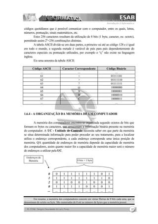 Introdução à Informática
37
códigos quotidianos que é possível comunicar com o computador, entre os quais, letras,
números, pontuação, sinais matemáticos, etc.
Estes 256 caracteres resultam da utilização de 8 bits (1 byte, caracter, ou octeto),
permitindo assim 28
=256 combinações distintas.
A tabela ASCII divide-se em duas partes, a primeira vai até ao código 128 e é igual
em todo o mundo, a segunda metade é variável de país para país dependentemente do
caracteres especiais ou pontuação utilizados, por exemplo o “ç” não existe na linguagem
inglesa.
Eis uma amostra da tabela ASCII:
Código ASCII Caracter Correspondente Código Binário
... ... ...
61 = 01111101
62 > 01111110
63 ? 01111111
64 @ 10000000
65 A 10000001
66 B 10000010
67 C 10000011
... ... ...
1.6.4 - A ORGANIZAÇÃO DA MEMÓRIA DE UM COMPUTADOR
A memória dos computadores encontra-se organizada segundo octetos de bits que
formam os bytes ou caracteres, que armazenam a informação binária presente na memória
do computador. A UC - Unidade de Controlo necessita saber em que parte da memória
se situa determinada informação para poder proceder ao seu tratamento, para a localizar
utiliza o endereço correspondente, a cada endereço corresponde uma única posição de
memória. QA quantidade de endereços de memória depende da capacidade de memória
dos computadores, assim quanto maior for a capacidade de memória maior será o número
de endereços a utilizar pela UC.
Em resumo, a memória dos computadores consiste em várias fileiras de 8 bits cada uma, que se
denominam de octeto ou byte. São numeradas de 0 até ao número de bytes que a memória possui.
0 0 1 1 1 1 1 0 1
1 1 1 1 1 1 1 1 0
2 0 1 0 0 1 0 0 0
0 1 1 1 1 0 0 0 1
... ... ... ... ... ... ... ... ...
Endereços de
Memória 8 bits = 1 byte
 