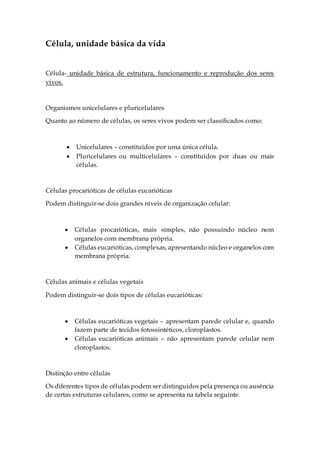 Célula, unidade básica da vida
Célula- unidade básica de estrutura, funcionamento e reprodução dos seres
vivos.
Organismos unicelulares e pluricelulares
Quanto ao número de células, os seres vivos podem ser classificados como:
 Unicelulares – constituídos por uma única célula.
 Pluricelulares ou multicelulares – constituídos por duas ou mais
células.
Células procarióticas de células eucarióticas
Podem distinguir-se dois grandes níveis de organização celular:
 Células procarióticas, mais simples, não possuindo núcleo nem
organelos com membrana própria.
 Células eucarióticas, complexas, apresentando núcleo e organelos com
membrana própria.
Células animais e células vegetais
Podem distinguir-se dois tipos de células eucarióticas:
 Células eucarióticas vegetais – apresentam parede celular e, quando
fazem parte de tecidos fotossintéticos, cloroplastos.
 Células eucarióticas animais – não apresentam parede celular nem
cloroplastos.
Distinção entre células
Os diferentes tipos de células podem ser distinguidos pela presença ou ausência
de certas estruturas celulares, como se apresenta na tabela seguinte.
 
