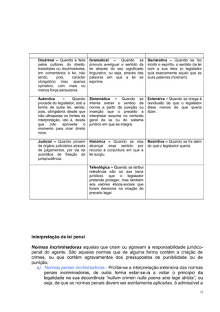 Doutrinal – Quando é feita
pelos cultores do direito,
tratadistas ou doutrinadores,
em comentários à lei, não
tendo,
pois,
carácter
obrigatório mas apenas
opinativo, com mais ou
menos força persuasiva.

Gramatical – Quando se
procura averiguar o sentido da
lei através do seu significado
linguístico, ou seja, através das
palavras em que a lei se
exprime

Declarativa – Quando se faz
incidir o espírito, o sentido da lei
com a sua letra (o legislador
quis exactamente aquilo que as
suas palavras mostram)

Autentica
–
Quando
procede do legislador, sob a
forma de outra lei, sendo,
pois, obrigatória desde que
não ultrapasse os limites da
interpretação, isto é, desde
que
não
aproveite
o
momento para criar direito
novo.

Sistemática – Quando se
intenta extrair o sentido da
norma a partir da posição ou
inserção que o preceito a
interpretar assume no contexto
geral da lei ou do sistema
jurídico em que se integra.

Extensiva – Quando se chega à
conclusão de que o legislador
disse menos do que queria
dizer.

Judicial – Quando provem
de órgãos judiciários através
de julgamentos, por via de
acórdãos de fixação de
jurisprudência.

Histórica – Quando se visa
alcançar esse sentido por
recurso à conjuntura em que a
lei surgiu.

Restritiva – Quando se foi alem
do que o legislador queria.

Teleológica – Quando se atribui
relevância não só aos bens
jurídicos que o legislador
pretende proteger, mas também
aos valores éticos-sociais que
foram decisivos na criação do
preceito legal.

Interpretação da lei penal
Normas incriminadoras aquelas que criam ou agravam a responsabilidade jurídicopenal do agente. São aquelas normas que de alguma forma contêm a criação de
crimes, ou que contêm agravamentos dos pressupostos de punibilidade ou de
punição.
a) Normas penais incriminadoras - Proíbe-se a interpretação extensiva das normas
penais incriminadoras, de outra forma estar-se-ia a violar o princípio da
legalidade na sua decorrência “nullum crimen nulla poena sine lege stricta”, ou
seja, de que as normas penais devem ser estritamente aplicadas; é admissível a
22

 