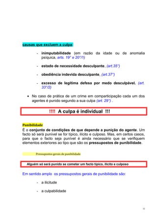 causas que excluem a culpa:
- inimputabilidade (em razão da idade ou de anomalia
psíquica, arts. 19° e 20°/1)
- estado de necessidade desculpante, (art.35°)
- obediência indevida desculpante, (art.37°)
- excesso de legítima defesa por medo desculpável. (art.
33°/2)
• No caso de prática de um crime em comparticipação cada um dos
agentes é punido segundo a sua culpa (art. 29°) .

!!!! A culpa é individual !!!
Punibilidade

É o conjunto de condições de que depende a punição do agente. Um
facto só será punível se for típico, ilícito e culposo. Mas, em certos casos,
para que o facto seja punível é ainda necessário que se verifiquem
elementos exteriores ao tipo que são os pressupostos de punibilidade.
Pressupostos gerais de punibilidade

Alguém só será punido se cometer um facto típico, ilícito e culposo

Em sentido amplo os pressupostos gerais de punibilidade são:
- a ilicitude
- a culpabilidade

32

 