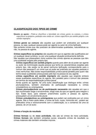 CLASSIFICAÇÃO DOS TIPOS DE CRIME
Quanto ao agente - Pode-se classificar a tipicidade em crimes gerais ou comuns, e crimes
específicos ou próprios, podendo estes ainda ser: crimes específicos em sentido próprio e em
sentido impróprio
Crimes gerais ou comuns são aqueles que podem ser praticados por qualquer
pessoa, ou seja, qualquer pessoa pode ser agente ou autor do crime tipificado.
São portanto crimes que não postulam de determinadas qualidades, naturalísticas ou
não, na pessoa do agente.
Crimes específicos ou próprios são aqueles em que os agentes são qualificados por
um qualquer dever jurídicos, ou por uma qualquer situação juridicamente definida.
São aqueles que pressupõem como autores dos crimes apenas as pessoas que têm
uma qualidade exigida pelo próprio tipo.
Crimes específicos em sentido próprio quando para além de só poder ser agente
ou autor da incriminação aquela pessoa que tenha as características exigidas pelo
próprio tipo, não existe na lei penal nenhuma tipificação correspondente para o
comum das pessoas.É um crime que só pode ser praticado por aquelas pessoas e
mais nenhumas. Não existe responsabilidade jurídico-penal paralela para quem não
tenha essas qualidades pressupostas pelo tipo na pessoa do seu agente.
crimes específicos em sentido impróprio são aqueles que exigindo embora
essas qualidades específicas do agente, têm paralelo para o comum das pessoas
em termos de responsabilização jurídico-penal.
Ainda quanto ao agente, há uma outra classificação que distingue entre: crimes
plurisubjectivos, também chamados de participação necessária e, crimes
unisubjectivos ou unisingulares.
Crimes plurisubjectivos ou de participação necessária são aqueles em que o
tipo incriminador exige o envolvimento, exige mais do que um agente para integrar o
tipo. Estes tipos, para estarem preenchidos quanto à pessoa do agente,
pressupõem um envolvimento plural.
Crimes unisubjectivos ou unisingulares que podem ser praticados por um único
agente. São a maior parte deles: o crime de furto, roubo, homicídio etc., podem ser
praticados única e exclusivamente com a colaboração, ou o consenso de uma só
pessoa, de um só autor.
Crimes e função do resultado
Crimes formais ou de mera actividade, não são só crimes de mera actividade.
Crimes formais são também omissões puras; enquanto crimes de resultado ou
crimes materiais são também omissões impuras.
35

 