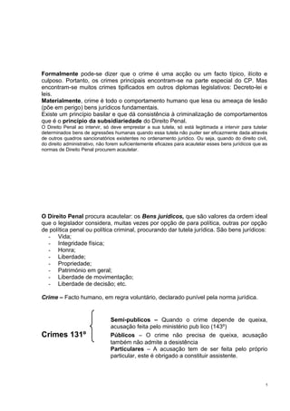 Formalmente pode-se dizer que o crime é uma acção ou um facto típico, ilícito e
culposo. Portanto, os crimes principais encontram-se na parte especial do CP. Mas
encontram-se muitos crimes tipificados em outros diplomas legislativos: Decreto-lei e
leis.
Materialmente, crime é todo o comportamento humano que lesa ou ameaça de lesão
(põe em perigo) bens jurídicos fundamentais.
Existe um princípio basilar e que dá consistência à criminalização de comportamentos
que é o princípio da subsidiariedade do Direito Penal.
O Direito Penal ao intervir, só deve emprestar a sua tutela, só está legitimada a intervir para tutelar
determinados bens de agressões humanas quando essa tutela não puder ser eficazmente dada através
de outros quadros sancionatórios existentes no ordenamento jurídico. Ou seja, quando do direito civil,
do direito administrativo, não forem suficientemente eficazes para acautelar esses bens jurídicos que as
normas de Direito Penal procurem acautelar.

O Direito Penal procura acautelar: os Bens jurídicos, que são valores da ordem ideal
que o legislador considera, muitas vezes por opção de para política, outras por opção
de política penal ou política criminal, procurando dar tutela jurídica. São bens jurídicos:
- Vida;
- Integridade física;
- Honra;
- Liberdade;
- Propriedade;
- Património em geral;
- Liberdade de movimentação;
- Liberdade de decisão; etc.
Crime – Facto humano, em regra voluntário, declarado punível pela norma jurídica.

Crimes 131º

Semi-publicos – Quando o crime depende de queixa,
acusação feita pelo ministério pub lico (143º)
Públicos – O crime não precisa de queixa, acusação
também não admite a desistência
Particulares – A acusação tem de ser feita pelo próprio
particular, este é obrigado a constituir assistente.

5

 