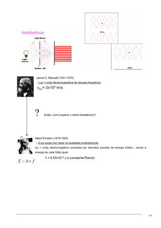111
James C. Maxwell (1831-1879)
- Luz = onda electromagnética de elevada frequência
? Então, como explicar o efeito fotoeléctrico?
Albert Einstein (1879-1955)
– A luz surge com base na dualidade onda/partícula
luz = onda electromagética composta por discretos pacotes de energia (fotão) , sendo a
energia de cada fotão igual:
 