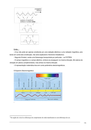 115
Então…
- A luz não pode ser apenas constituída por uma radiação eléctrica e uma radiação magnética, pois
tendo em conta esta constituição, não seria explecável o fenómeno fotoeléctrico.
- Segundo Einstein, existe uma fotoenergia transportada por partículas – os FOTÕES.
- O campo magnético e o campo eléctrico, embora se propaguem na mesma direcção, têm planos de
vibração em planos complementares, mas ambos na mesma direcção.
- A representação matemática leva em conta parâmetros electomagnéticos.
O Espectro Electromagnético
∗
∗
Na região do visível as diferenças de comprimento de onda manifestam-se com diferenças de cor.
 