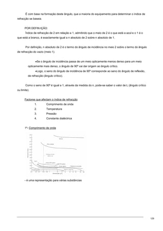 129
É com base na formação deste ângulo, que a maioria do equipamento para determinar o índice de
refracção se baseia.
POR DEFIN IÇÃO:
Índice de refracção de 2 em relação a 1, admitindo que o meio de 2 é o que está a azul e o 1 é o
que está a branco, é exactamente igual a n absoluto de 2 sobre n absoluto de 1.
Por definição, n absoluto de 2 é o termo do ângulo de incidência no meio 2 sobre o termo do ângulo
de refracção do vazio (meio 1).
•Se o ângulo de incidência passa de um meio opticamente menos denso para um meio
opticamente mais denso, o ângulo de 90º vai dar origem ao ângulo crítico.
•Logo, o seno do ângulo de incidência de 90º corresponde ao seno do ângulo de reflexão,
de refracção (ângulo crítico).
Como o seno de 90º é igual a 1, através da medida do n, pode-se saber o valor de L (ângulo crítico
ou limite).
Factores que afectam o índice de refracção
1. Comprimento de onda
2. Temperatura
3. Pressão
4. Constante dialéctrica
1º- Comprimento de onda
- é uma representação para várias substâncias
 