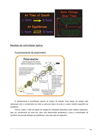 158
Medida da actividade óptica
Funcionamento do polarímetro
O desfasamento é quantificado através do ângulo de rotação. Este ângulo de rotação está
relacionado com o comprimento de onda ou percurso óptico da onda e o poder rotatório específico da
substância.
Tem-se, então, o valor do ângulo de rotação em condições específicas (valor rotatório específico),
para um comprimento de onda fixo, para uma determinada temperatura e para a concentração de
1g/100ml. Isto permite distinguir as substâncias, visto este valor ser específico.
 