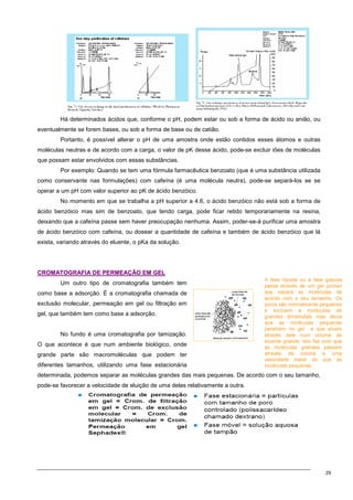 29
Há determinados ácidos que, conforme o pH, podem estar ou sob a forma de ácido ou anião, ou
eventualmente se forem bases, ou sob a forma de base ou de catião.
Portanto, é possível alterar o pH de uma amostra onde estão contidos esses átomos e outras
moléculas neutras e de acordo com a carga, o valor de pK desse ácido, pode-se excluir iões de moléculas
que possam estar envolvidos com essas substâncias.
Por exemplo: Quando se tem uma fórmula farmacêutica benzoato (que é uma substância utilizada
como conservante nas formulações) com cafeína (é uma molécula neutra), pode-se separá-los se se
operar a um pH com valor superior ao pK de ácido benzóico.
No momento em que se trabalha a pH superior a 4.6, o ácido benzóico não está sob a forma de
ácido benzóico mas sim de benzoato, que tendo carga, pode ficar retido temporariamente na resina,
deixando que a cafeína passe sem haver preocupação nenhuma. Assim, poder-se-á purificar uma amostra
de ácido benzóico com cafeína, ou dosear a quantidade de cafeína e também de ácido benzóico que lá
exista, variando através do eluente, o pKa da solução.
C
CR
RO
OM
MA
AT
TO
OG
GR
RA
AF
FI
IA
A D
DE
E P
PE
ER
RM
ME
EA
AÇ
ÇÃ
ÃO
O E
EM
M G
GE
EL
L
Um outro tipo de cromatografia também tem
como base a adsorção. É a cromatografia chamada de
exclusão molecular, permeação em gel ou filtração em
gel, que também tem como base a adsorção.
No fundo é uma cromatografia por tamização.
O que acontece é que num ambiente biológico, onde
grande parte são macromoléculas que podem ter
diferentes tamanhos, utilizando uma fase estacionária
determinada, podemos separar as moléculas grandes das mais pequenas. De acordo com o seu tamanho,
pode-se favorecer a velocidade de eluição de uma delas relativamente a outra.
 