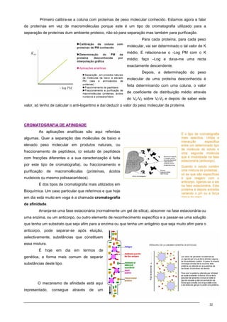 32
Primeiro calibra-se a coluna com proteínas de peso molecular conhecido. Estamos agora a falar
de proteínas em vez de macromoléculas porque este é um tipo de cromatografia utilizado para a
separação de proteínas dum ambiente proteico, não só para separação mas também para purificação.
Para cada proteína, para cada peso
molecular, vai ser determinado o tal valor de K
médio. E relaciona-se o -Log PM com o K
médio, faço –Log e dava-me uma recta
exactamente descendente.
Depois, a determinação do peso
molecular de uma proteína desconhecida é
feita determinando com uma coluna, o valor
de coeficiente de distribuição médio através
do Ve-V0 sobre Vt-V0 e depois de saber este
valor, só tenho de calcular o anti-logaritmo e daí deduzir o valor do peso molecular da proteína.
C
CR
RO
OM
MA
AT
TO
OG
GR
RA
AF
FI
IA
A D
DE
E A
AF
FI
IN
NI
ID
DA
AD
DE
E
As aplicações analíticas são aqui referidas
algumas. Quer a separação das moléculas de baixo e
elevado peso molecular em produtos naturais, ou
fraccionamento de peptídeos, (o estudo de peptídeos
com fracções diferentes e a sua caracterização é feita
por este tipo de cromatografia), ou fraccionamento e
purificação de macromoléculas (proteínas, ácidos
nucleicos ou mesmo polissacarídeos).
É dos tipos de cromatografia mais utilizados em
Bioquímica. Um caso particular que referimos e que hoje
em dia está muito em voga é a chamada cromatografia
de afinidade.
Arranja-se uma fase estacionária (normalmente um gel de sílica), absorver na fase estacionária ou
uma enzima, ou um anticorpo, ou outro elemento de reconhecimento específico e a passar-se uma solução
que tenha um substrato que seja afim para a enzima ou que tenha um antigénio que seja muito afim para o
anticorpo, pode separar-se após eluição,
selectivamente, substâncias que constituem
essa mistura.
É hoje em dia em termos de
genética, a forma mais comum de separar
substâncias deste tipo.
O mecanismo de afinidade está aqui
representado, consegue através de um
 
