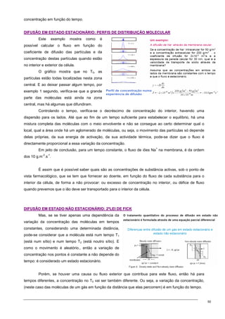 50
concentração em função do tempo.
D
DI
IF
FU
US
SÃ
ÃO
O E
EM
M E
ES
ST
TA
AD
DO
O E
ES
ST
TA
AC
CI
IO
ON
NÁ
ÁR
RI
IO
O:
: P
PE
ER
RF
FI
IS
S D
DE
E D
DI
IS
ST
TR
RI
IB
BU
UI
IÇ
ÇÃ
ÃO
O M
MO
OL
LE
EC
CU
UL
LA
AR
R
Este exemplo mostra como é
possível calcular o fluxo em função do
coeficiente de difusão das partículas e da
concentração destas partículas quando estão
no interior e exterior da célula.
O gráfico mostra que no T0, as
partículas estão todas localizadas nesta zona
central. E ao deixar passar algum tempo, por
exemplo 1 segundo, verifica-se que a grande
parte das moléculas está ainda na zona
central, mas há algumas que difundiram.
Controlando o tempo, verifica-se o decréscimo de concentração do interior, havendo uma
dispersão para os lados. Até que ao fim de um tempo suficiente para estabelecer o equilíbrio, há uma
mistura completa das moléculas com o meio envolvente e não se consegue ao certo determinar qual o
local, qual a área onde há um aglomerado de moléculas, ou seja, o movimento das partículas só depende
delas próprias, da sua energia de activação, da sua actividade térmica, pode-se dizer que o fluxo é
directamente proporcional a essa variação da concentração.
Em jeito de conclusão, para um tempo constante, o fluxo de iões Na
+
na membrana, é da ordem
dos 10 g.m
-2
.s
-1
.
É assim que é possível saber quais são as concentrações de substância activas, sob o ponto de
vista farmacológico, que se tem que fornecer ao doente, em função do fluxo de cada substância para o
interior da célula, de forma a não provocar: ou excesso de concentração no interior, ou défice de fluxo
quando prevemos que o ião deve ser transportado para o interior da célula.
D
DI
IF
FU
US
SÃ
ÃO
O E
EM
M E
ES
ST
TA
AD
DO
O N
NÃ
ÃO
O E
ES
ST
TA
AC
CI
IO
ON
NÁ
ÁR
RI
IO
O:
: 2
2ª
ªL
LE
EI
I D
DE
E F
FI
IC
CK
K
Mas, se se tiver apenas uma dependência da
variação da concentração das moléculas em tempos
constantes, considerando uma determinada distância,
pode-se considerar que a molécula está num tempo T1
(está num sítio) e num tempo T2 (está noutro sítio). E
como o movimento é aleatório., então a variação de
concentração nos pontos é constante a não depende do
tempo: é considerado um estado estacionário.
Porém, se houver uma causa ou fluxo exterior que contribua para este fluxo, então há para
tempos diferentes, a concentração no T0 vai ser também diferente. Ou seja, a variação da concentração,
(neste caso das moléculas de um gás em função da distância que elas percorrem) é em função do tempo.
 