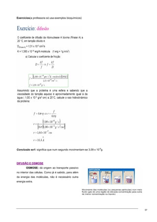 57
Exercícios(a professora só usa exemplos bioquímicos)
Conclusão ex1: significa que num segundo movimentam-se 3,09 x 10
-8
g.
D
DI
IF
FU
US
SÃ
ÃO
O E
E O
OS
SM
MO
OS
SE
E
O
OS
SM
MO
OS
SE
E:
: dá origem ao transporte passivo
no interior das células. Como já é sabido, para além
da energia das moléculas, não é necessário outra
energia extra.
 